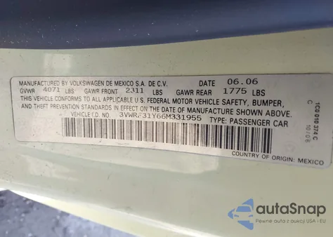 2006 Volkswagen New Beetle 2.5 from USA, damaged, VIN 3VWRF31Y66M331955